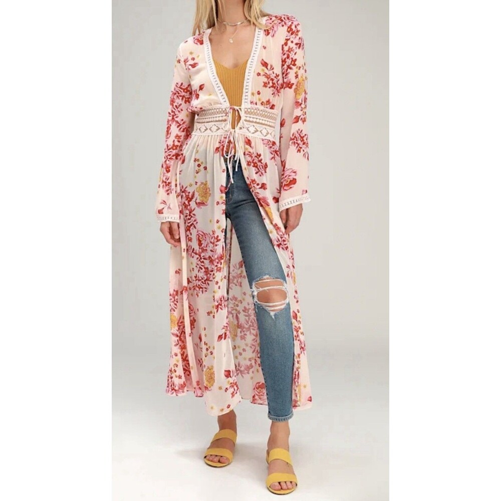 Lulus M-Boho Floral Long Kimono Cardigan-with Waist Tie, Chiffon Duster.